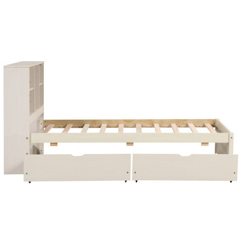 Modern Twin Size Bed Frame with Bookcase Headboard, Built-in USB Port, and 2 Storage Drawers in White Washed Finish