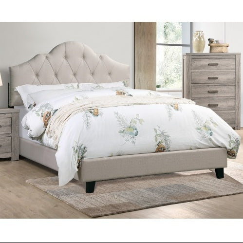 Queen Size Upholstered Bed Frame with Adjustable Tufted Headboard, Light Brown Polyfiber Wooden Platform Bed for Bedroom Furniture