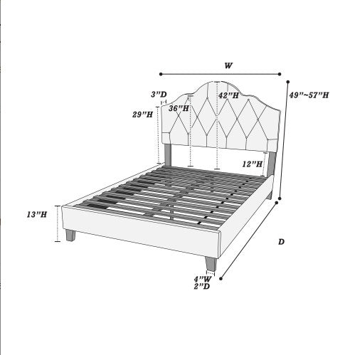 Queen Size Upholstered Bed Frame with Adjustable Tufted Headboard, Light Brown Polyfiber Wooden Platform Bed for Bedroom Furniture