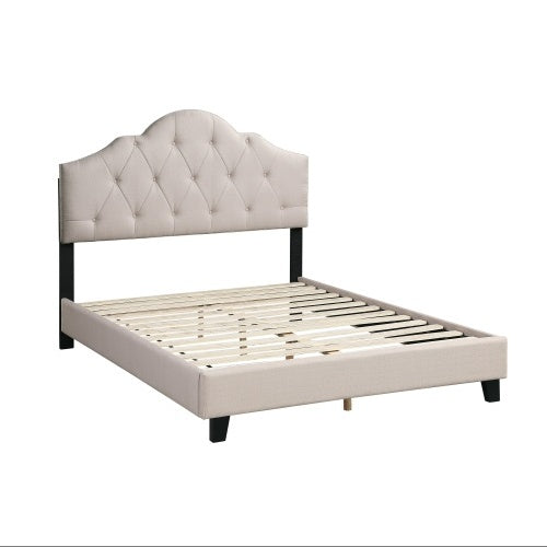 Queen Size Upholstered Bed Frame with Adjustable Tufted Headboard, Light Brown Polyfiber Wooden Platform Bed for Bedroom Furniture