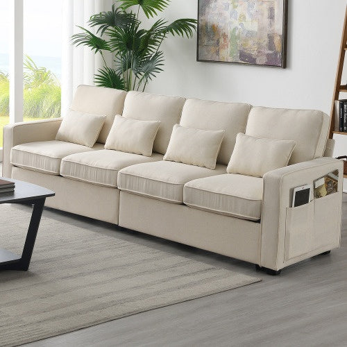 Modern 3-Seater Linen Fabric Sofa with Armrest Pockets and 4 Pillows, Minimalist Couch for Living Room, Apartment, or Office