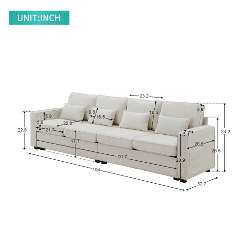 Modern 3-Seater Linen Fabric Sofa with Armrest Pockets and 4 Pillows, Minimalist Couch for Living Room, Apartment, or Office