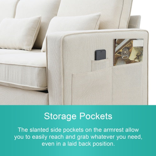 Modern 3-Seater Linen Fabric Sofa with Armrest Pockets and 4 Pillows, Minimalist Couch for Living Room, Apartment, or Office