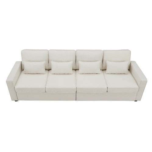 Modern 3-Seater Linen Fabric Sofa with Armrest Pockets and 4 Pillows, Minimalist Couch for Living Room, Apartment, or Office