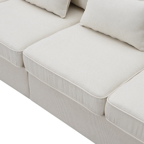 Modern 3-Seater Linen Fabric Sofa with Armrest Pockets and 4 Pillows, Minimalist Couch for Living Room, Apartment, or Office