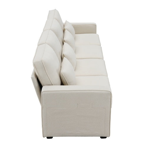 Modern 3-Seater Linen Fabric Sofa with Armrest Pockets and 4 Pillows, Minimalist Couch for Living Room, Apartment, or Office