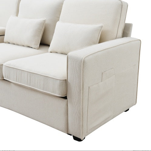 Modern 3-Seater Linen Fabric Sofa with Armrest Pockets and 4 Pillows, Minimalist Couch for Living Room, Apartment, or Office