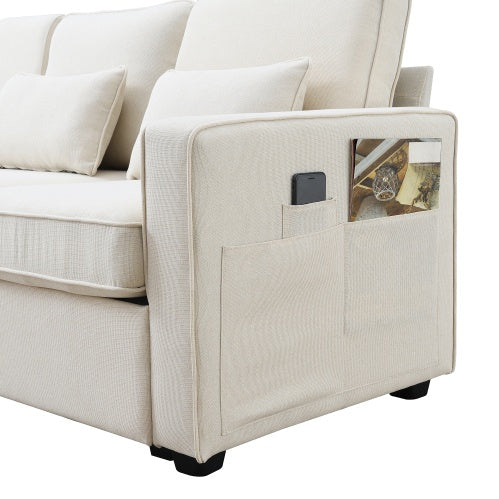 Modern 3-Seater Linen Fabric Sofa with Armrest Pockets and 4 Pillows, Minimalist Couch for Living Room, Apartment, or Office