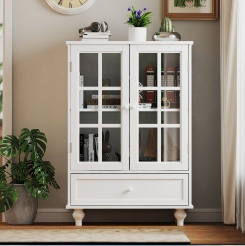 White Buffet Cabinet with Glass Doors and Drawer, Modern Wooden Storage Sideboard for Living Room, Dining Room, or Hallway
