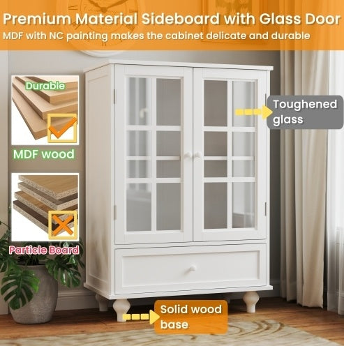 White Buffet Cabinet with Glass Doors and Drawer, Modern Wooden Storage Sideboard for Living Room, Dining Room, or Hallway