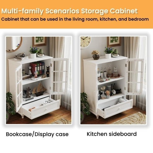 White Buffet Cabinet with Glass Doors and Drawer, Modern Wooden Storage Sideboard for Living Room, Dining Room, or Hallway