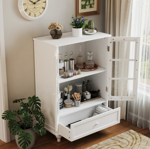 White Buffet Cabinet with Glass Doors and Drawer, Modern Wooden Storage Sideboard for Living Room, Dining Room, or Hallway