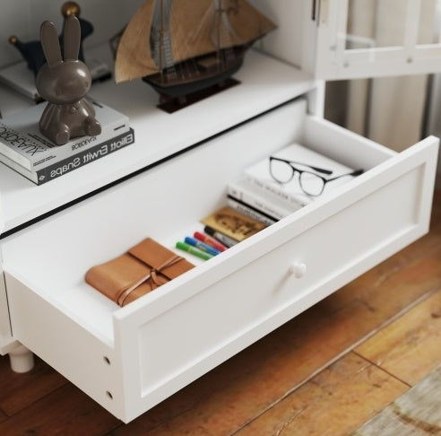 White Buffet Cabinet with Glass Doors and Drawer, Modern Wooden Storage Sideboard for Living Room, Dining Room, or Hallway