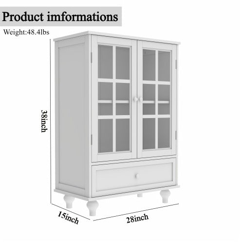 White Buffet Cabinet with Glass Doors and Drawer, Modern Wooden Storage Sideboard for Living Room, Dining Room, or Hallway