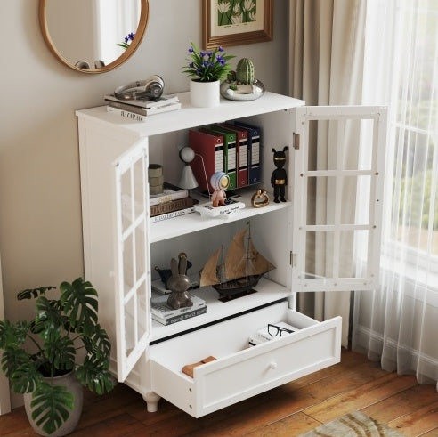 White Buffet Cabinet with Glass Doors and Drawer, Modern Wooden Storage Sideboard for Living Room, Dining Room, or Hallway