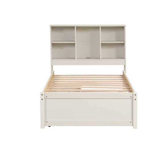 Modern Twin Size Bed Frame with Bookcase Headboard, Built-in USB Port, and 2 Storage Drawers in White Washed Finish