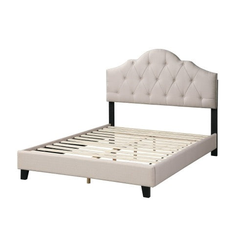 Queen Size Upholstered Bed Frame with Adjustable Tufted Headboard, Light Brown Polyfiber Wooden Platform Bed for Bedroom Furniture