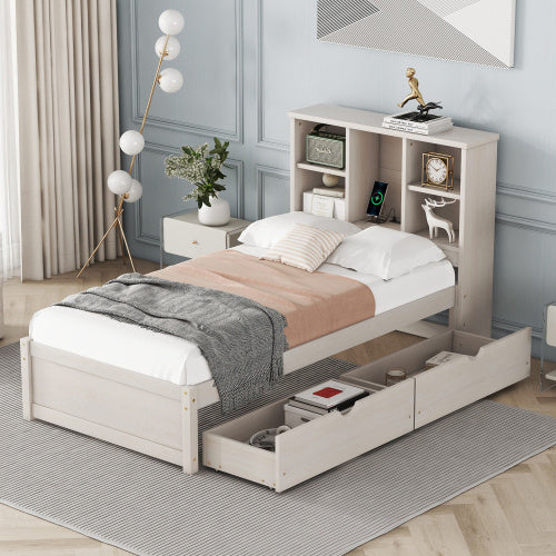 Modern Twin Size Bed Frame with Bookcase Headboard, Built-in USB Port, and 2 Storage Drawers in White Washed Finish