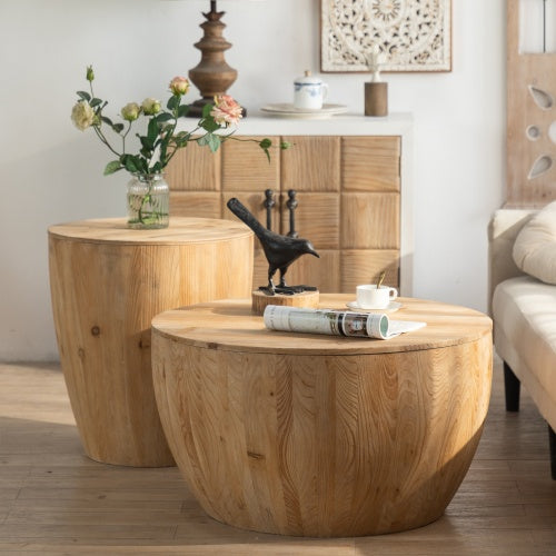 Vintage Wooden Coffee Table Set, Rustic Bucket-Shaped Round Tables for Living Room, Dining Room, or Office Decor