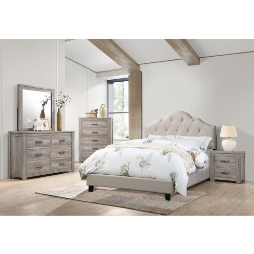 Queen Size Upholstered Bed Frame with Adjustable Tufted Headboard, Light Brown Polyfiber Wooden Platform Bed for Bedroom Furniture
