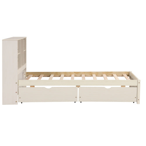 Modern Twin Size Bed Frame with Bookcase Headboard, Built-in USB Port, and 2 Storage Drawers in White Washed Finish