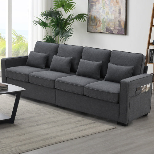 Modern 3-Seater Linen Fabric Sofa with Armrest Pockets and 4 Pillows, Minimalist Couch for Living Room, Apartment, or Office