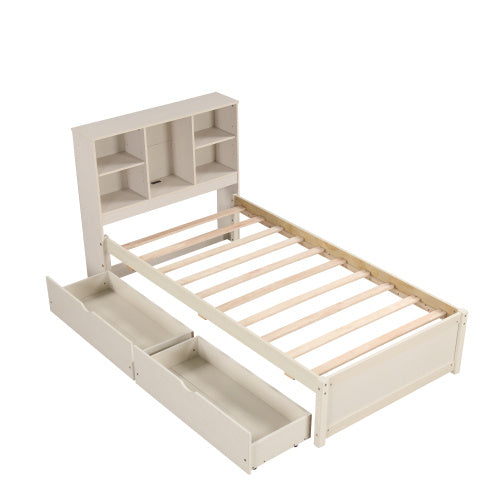 Modern Twin Size Bed Frame with Bookcase Headboard, Built-in USB Port, and 2 Storage Drawers in White Washed Finish