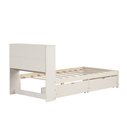 Modern Twin Size Bed Frame with Bookcase Headboard, Built-in USB Port, and 2 Storage Drawers in White Washed Finish