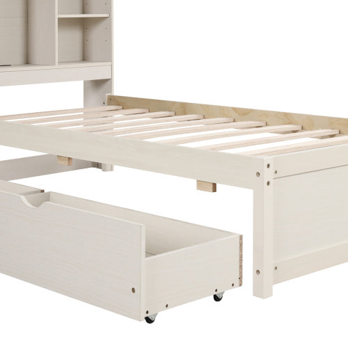 Modern Twin Size Bed Frame with Bookcase Headboard, Built-in USB Port, and 2 Storage Drawers in White Washed Finish