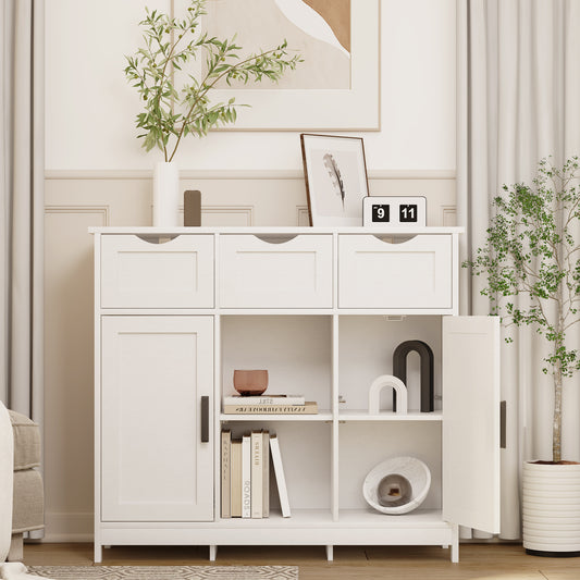 White Storage Cabinet with Drawers and Shelves, Modern Wooden Organizer for Living Room, Bedroom, or Bathroom Decor