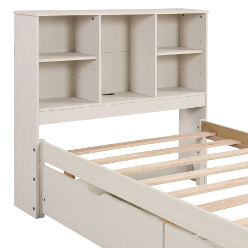 Modern Twin Size Bed Frame with Bookcase Headboard, Built-in USB Port, and 2 Storage Drawers in White Washed Finish