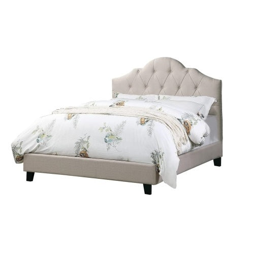 Queen Size Upholstered Bed Frame with Adjustable Tufted Headboard, Light Brown Polyfiber Wooden Platform Bed for Bedroom Furniture