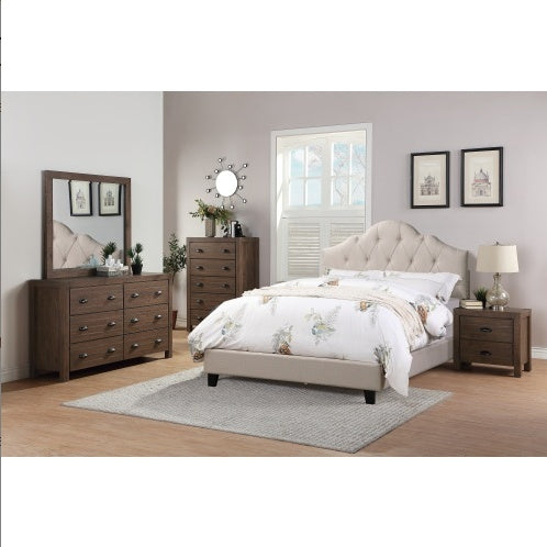 Queen Size Upholstered Bed Frame with Adjustable Tufted Headboard, Light Brown Polyfiber Wooden Platform Bed for Bedroom Furniture