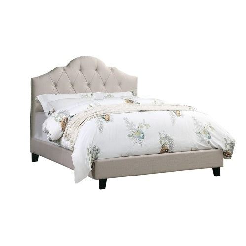 Queen Size Upholstered Bed Frame with Adjustable Tufted Headboard, Light Brown Polyfiber Wooden Platform Bed for Bedroom Furniture