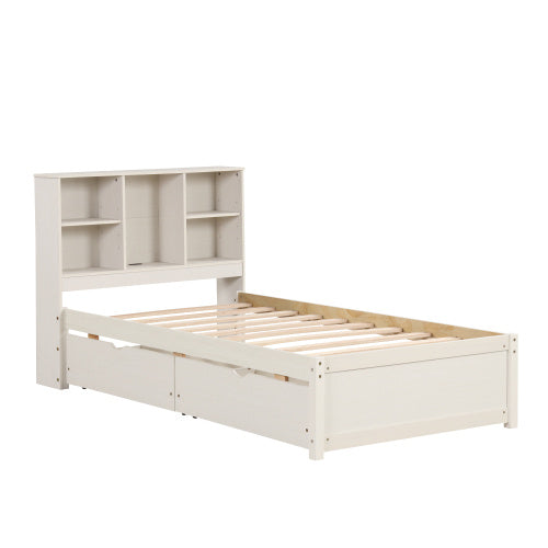 Modern Twin Size Bed Frame with Bookcase Headboard, Built-in USB Port, and 2 Storage Drawers in White Washed Finish