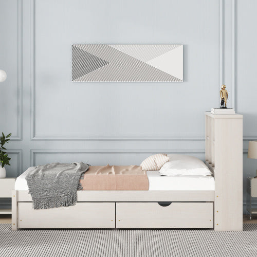 Modern Twin Size Bed Frame with Bookcase Headboard, Built-in USB Port, and 2 Storage Drawers in White Washed Finish